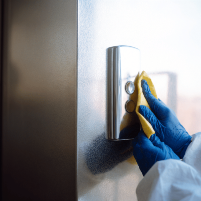 addetto alle pulizie che effettua la pulizia di un ascensore condominiale